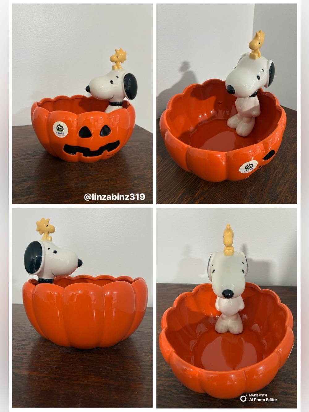 NWT- Peanuts- Snoopy & Woodstock- Large Jack-o-lantern Pumpkin Candy Bowl